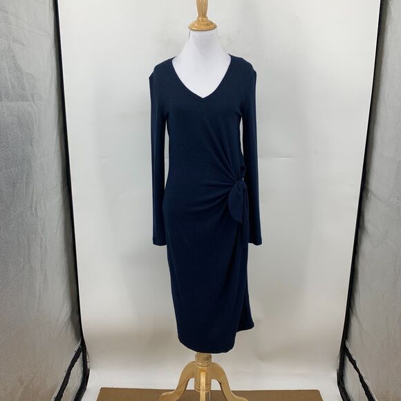 Lucky Brand Midi Dress Womens XS Navy Blue Stretch V Neck Long Sleeve Side Knot - Picture 2 of 15